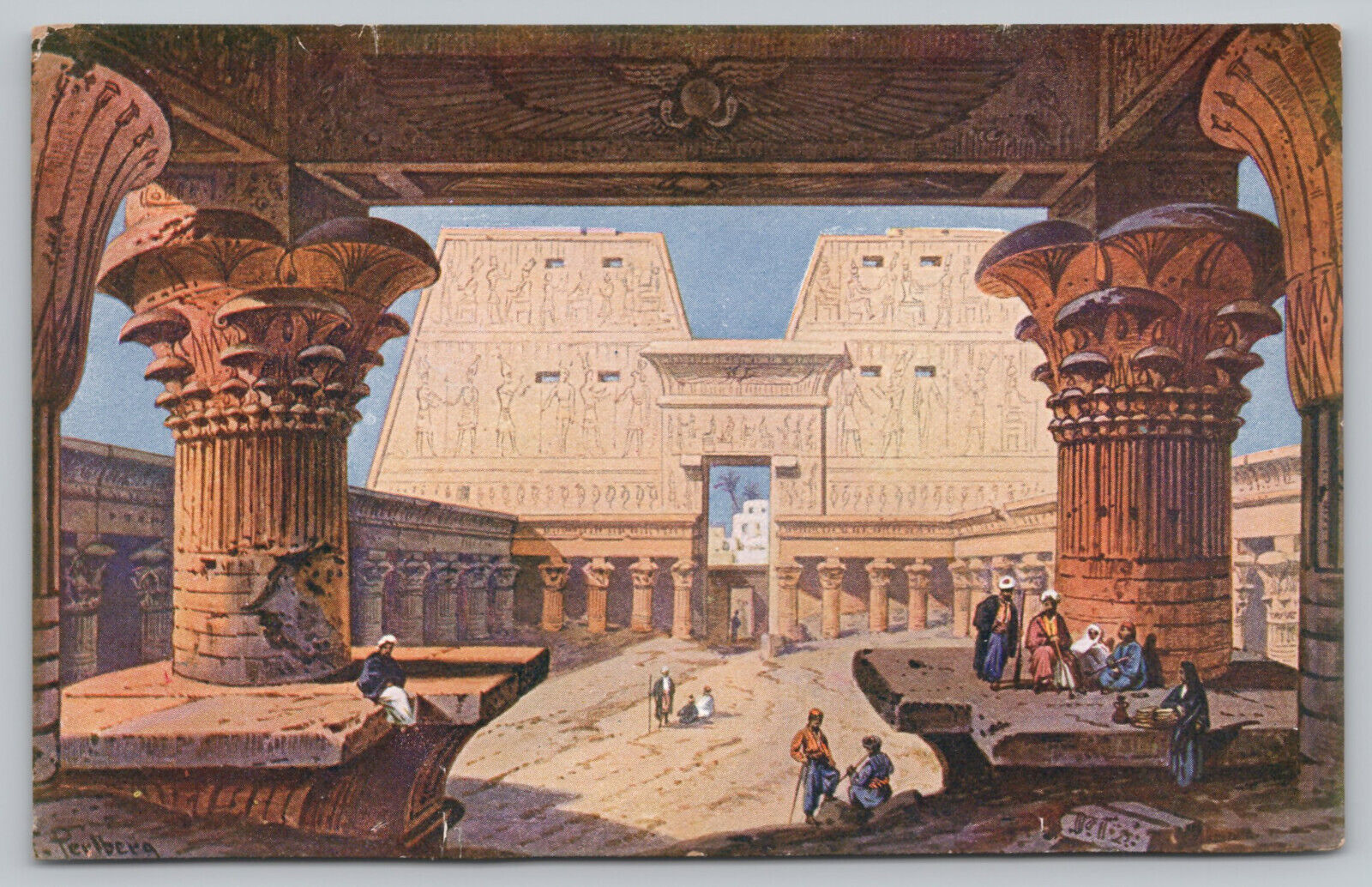 Edfu Egypt - Temple of Edfu - Artist Signed F. Perlberg - Postcard - c1912-14
