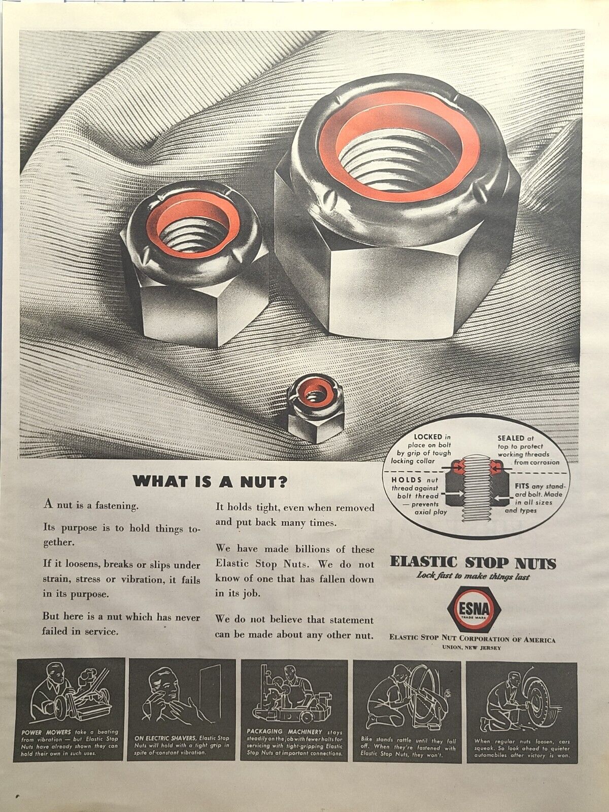 ESNA Elastic Stop Nuts Red Locking Collar Union NJ Vintage Print Ad 1943