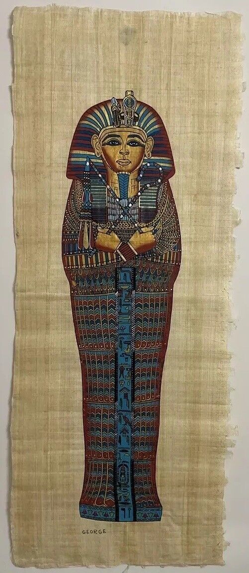 Rare Hand Painted Ancient Egyptian Papyrus -  Tutankhamun's mummy  13x24 “