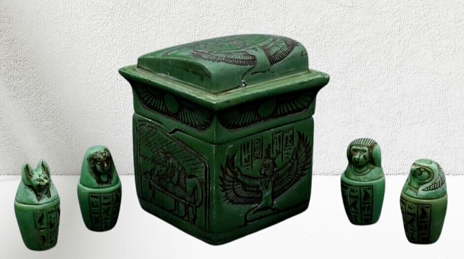 Rare Ancient Egyptian Antiquities Box With Set Of 4 Canopic Jars Sons Of Horus
