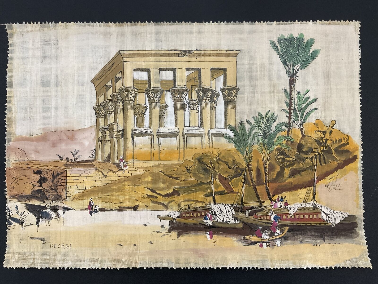 Rare Hand Painted Ancient Egyptian Papyrus-Philae Temple, southern Egypt-24x16”