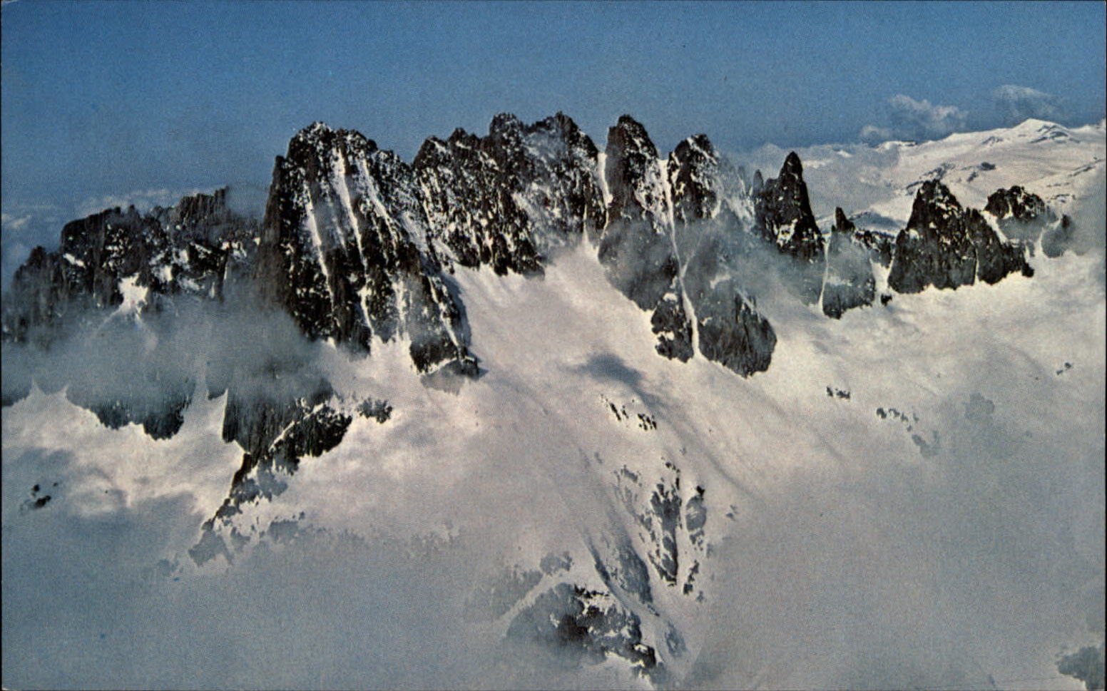 California Minarets rock formations Sierra Nevada snow ~ vintage postcard