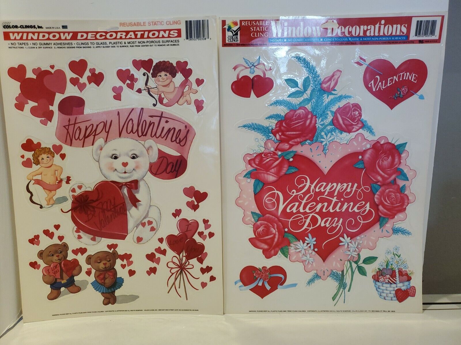 Vintage Valentine Window Clings Made In USA Hearts & Bears 1990s Static  Set 2