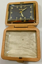 Seth Thomas Vintage 7 Jewels Black Travel Alarm Clock Leather Case Rectangular picture