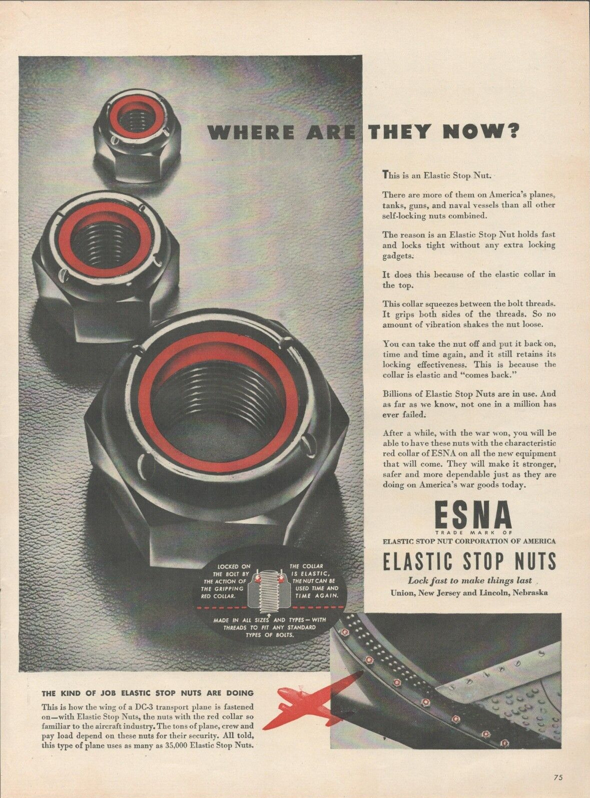 1944 ESNA Elastic Stop Nut Job For Airplanes DC-3 Transport 35,000 Used Print Ad