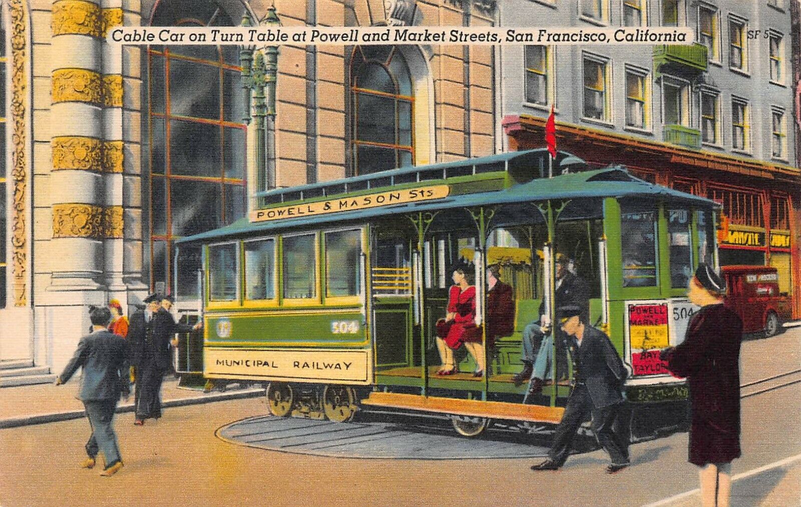Cable Car at Powell & Market Street, San Francisco, CA., Early Linen Postcard