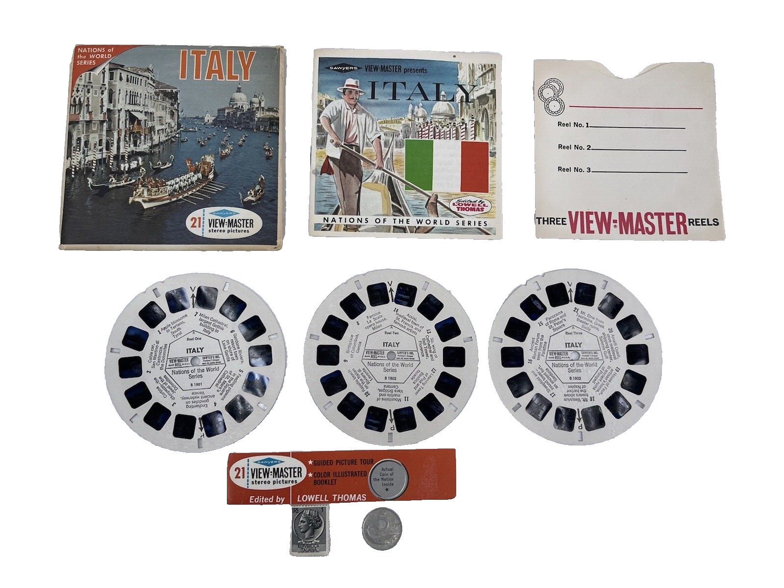 Vintage View Master B180 Italy Nations of the World master reels stamp and coin