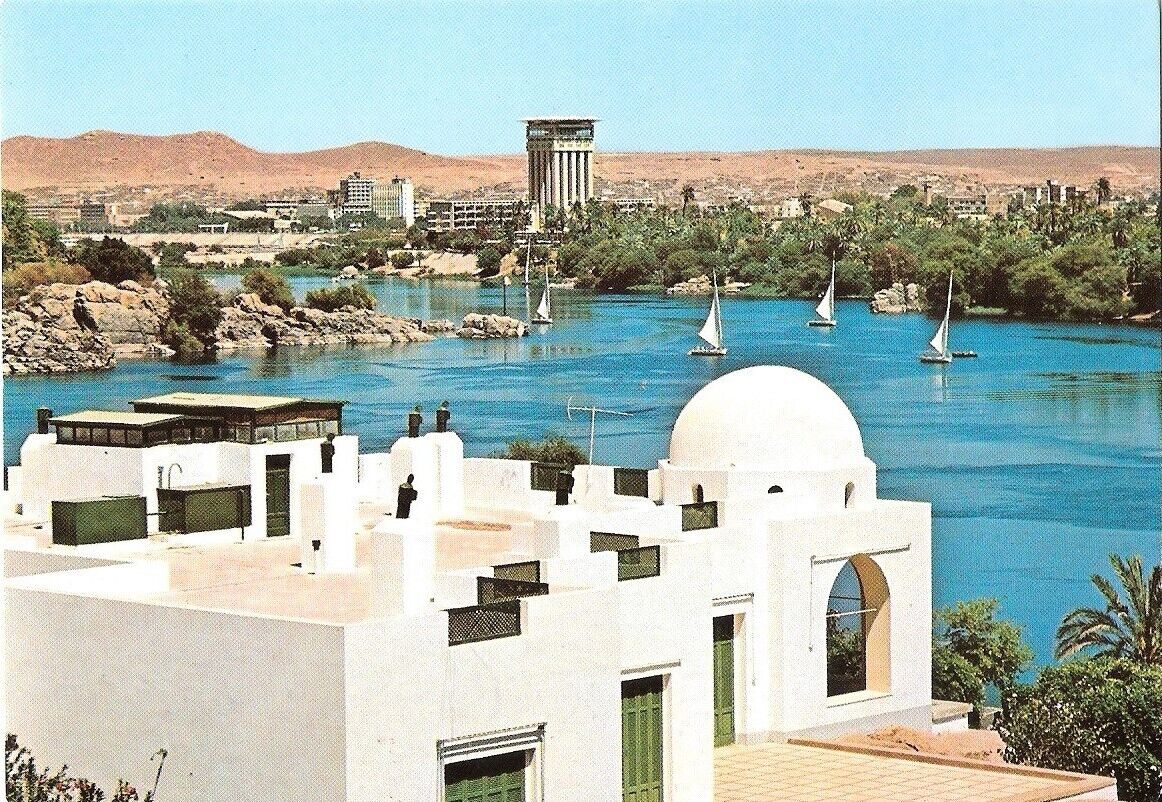 Aswan, Egypt, Boats, Nile River Postcard, Villa of the Beghum Kahn