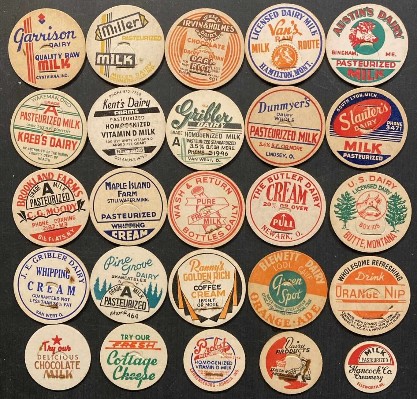 1940-60 Vintage Lot of 25 Milk Caps Collect, Frame, Craft, Decoupage Projects L1