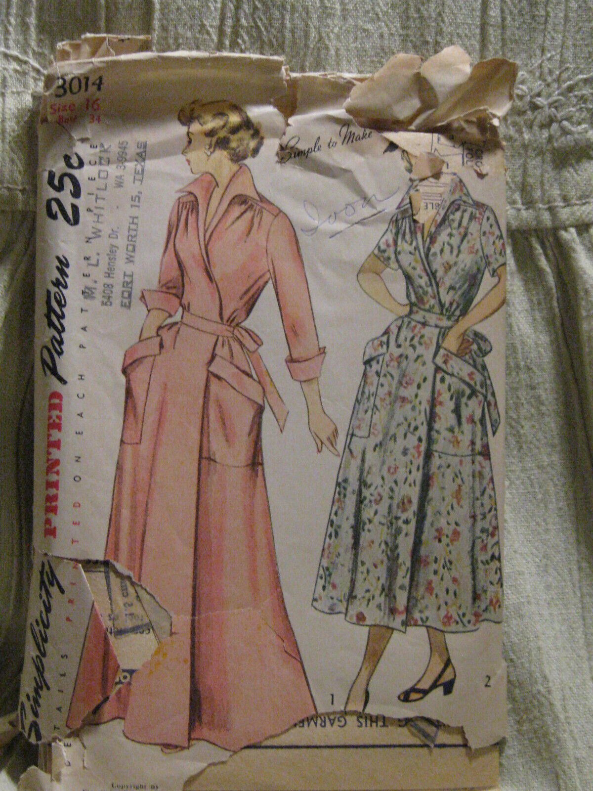 Vintage 40s/50s Simplicity 3014 Sz 16 (34/28/37) Women's Housecoat/Brunch Coat