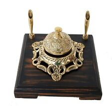 Brass decor cast table call kitchen hotel reception bell pen holder wooden base  picture