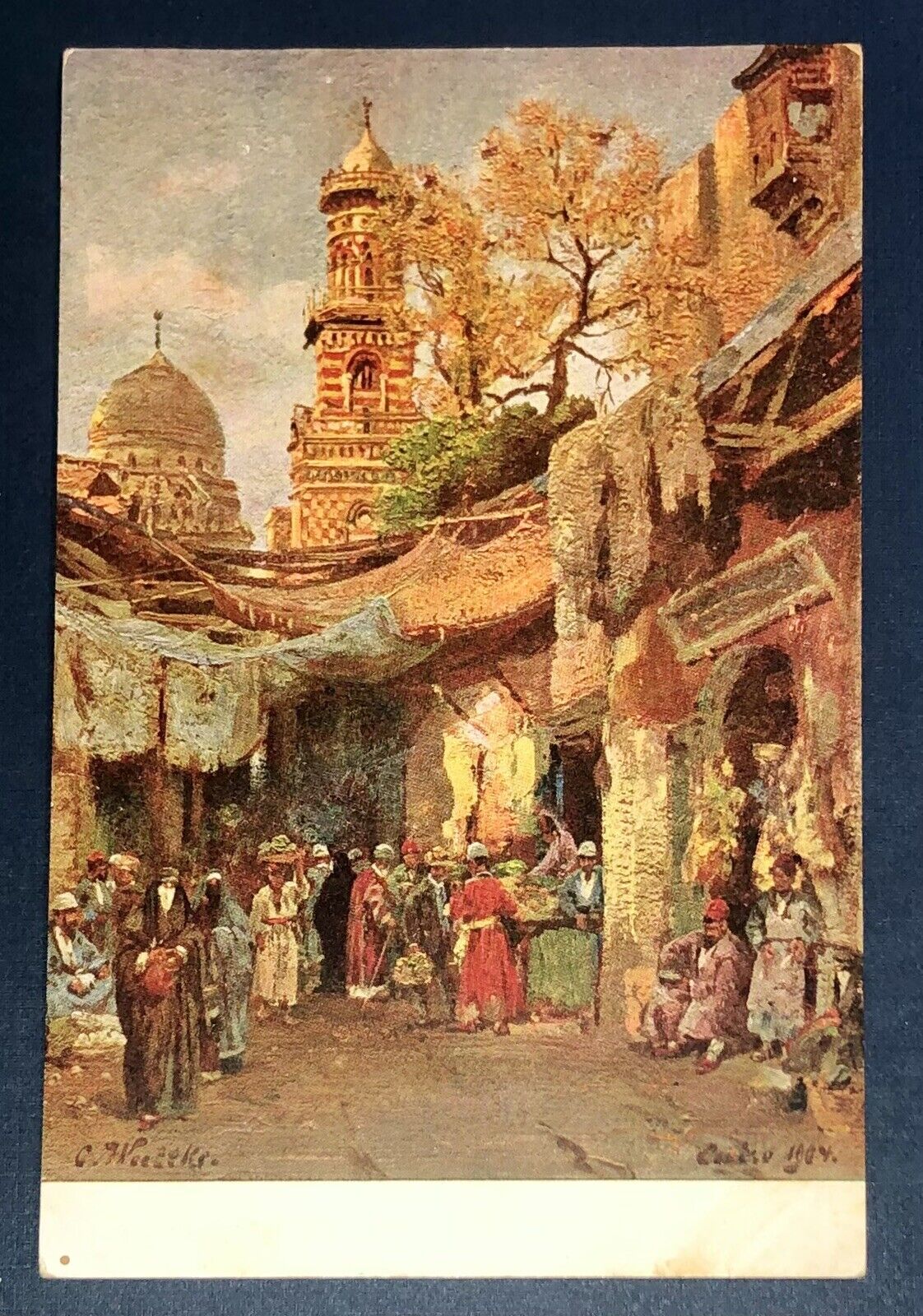 Postcard Cairo Egypt Street Scene Market Vendors Mosque c1910
