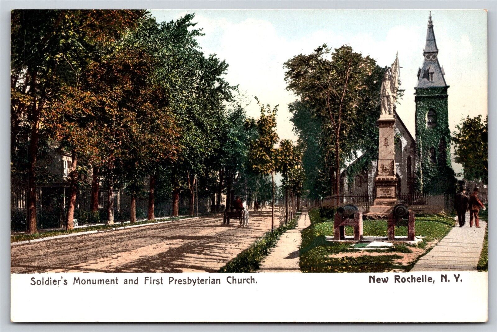 Postcard Soldiers Monument & First Presbyterian Church New Rochelle NY U147